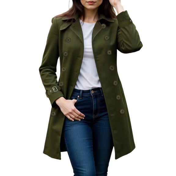 yuCgh Womens Coat Double-Breasted Long Dressy Windbreaker Overcoat Fall Winter Outerwear with Classic Solid Color Design for Elegant and Warm Look,Army Green L
