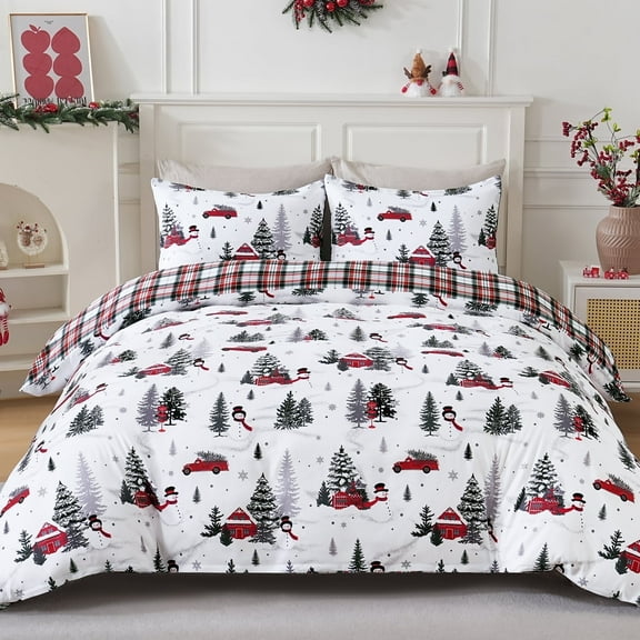 BLEUM CADE Duvet Cover Set Christmas Tree Snowflake Plaid Set Festive 3 - Piece with Pillow Cover, Soft Microfiber for Home Bedroom Set, Holiday Season Theme
