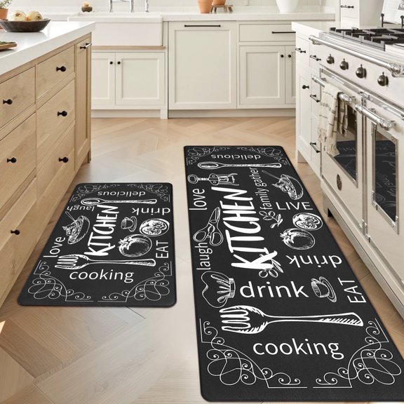 MeyJey Kitchen Rug Anti-Fatigue Mat Set for Kitchen, 2 Piece Non-Slip Waterproof Comfort Cushioned Floor Mats 20"x31.5" 20"x48" Black