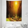 thumbnail image 1 of Landscape Tapestry, Sunset Dawn Sun Rise Beams in Forest Tree Nature Plants Print Image, Wall Hanging for Bedroom Living Room Dorm Decor, 60W X 80L Inches, Earth Yellow Dark Orange, by Ambesonne, 1 of 2