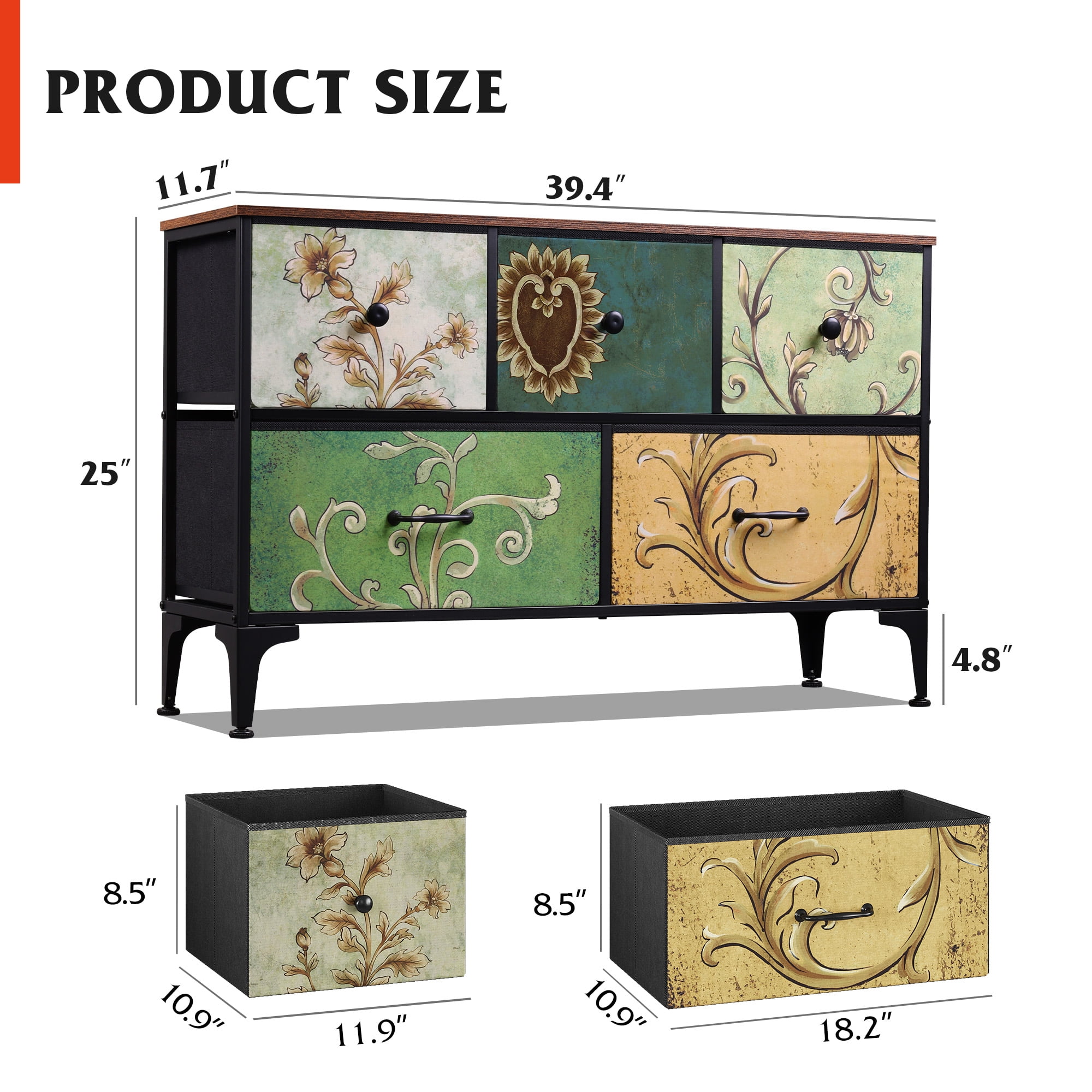 GALAXHERO 5-Drawer Wide Fabric Dresser Storage Organizer Unit, Chest of Drawers with Fabric Bins for Bedroom, Closet, Living Room, Hallway, Floral Painted