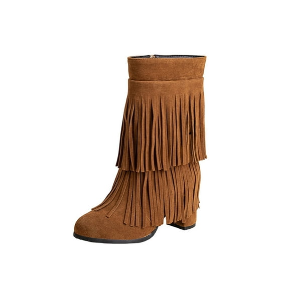 LOVZFMLL Cowboy Boots for Women Mid Calf Stovepipe Boots Side Zipper Round Toe Slip Resistant Mid Block Heel Western Fringe Fall Fashion