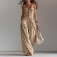 thumbnail image 2 of Boho Button Front Wide Leg Jumpsuit for Women - Sleeveless V-Neck Overall with Pockets, Flowy Casual Linen-Look Summer Romper Khaki XXL, 2 of 6
