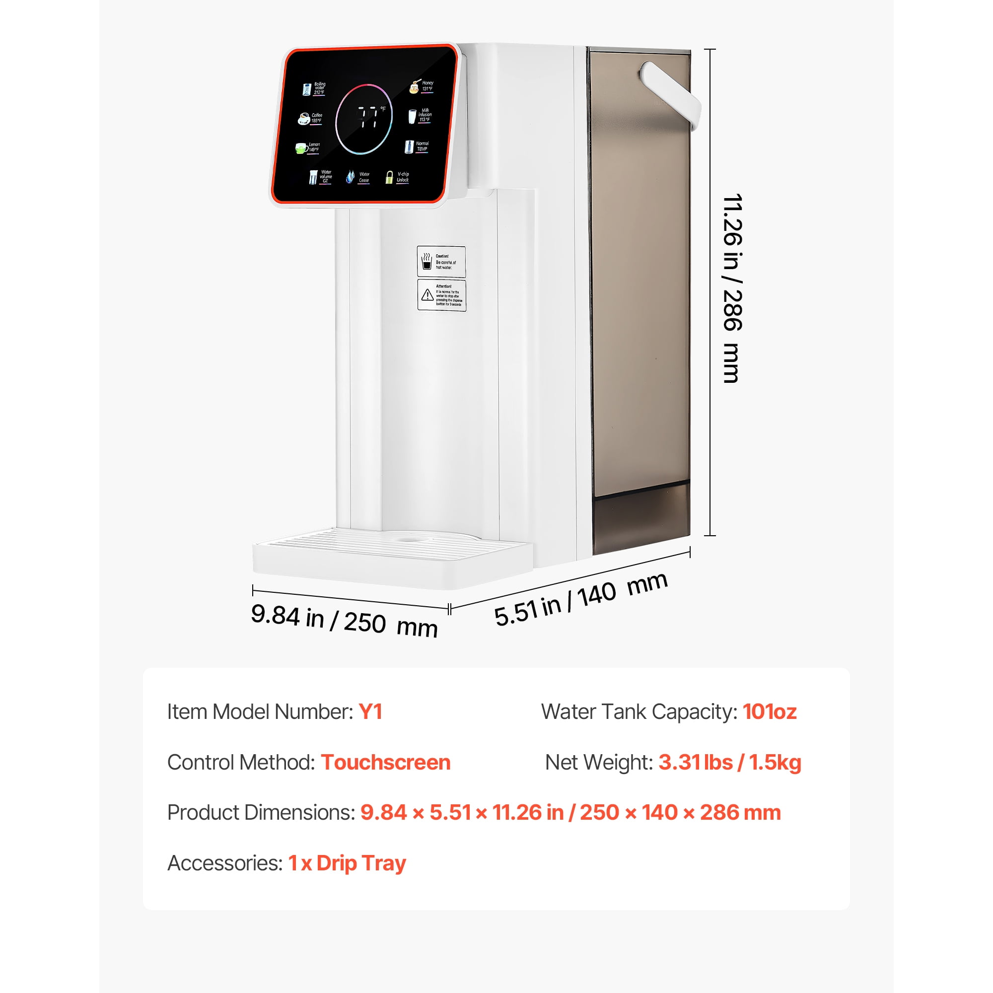 KFFKFF Countertop Instant Hot Water Dispenser with Adjustable Temperatures & Water Volumes, 101oz Detachable Tank, Rapid Heating, Touchscreen Control & Safety Lock for Home Use