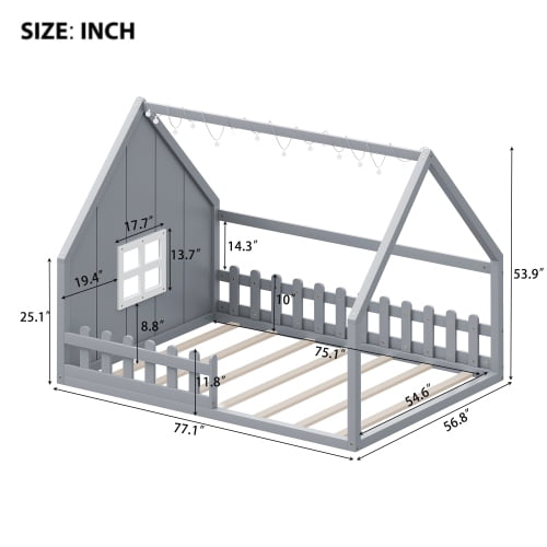 Bellemave Full Floor Bed with Fence and Window, Wooden Montessori Floor Bed,Full Size House Bed Frame,Gray