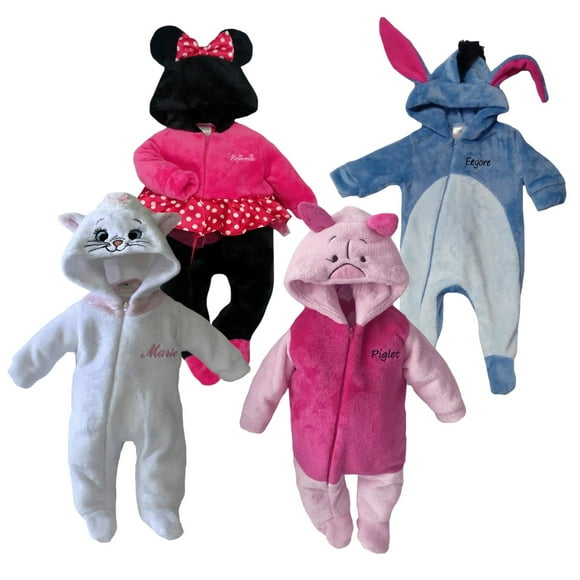 Kit 4 Mamelucos con Gorro Bordado Disney Marie Minnie Fiusha Piglet Eeyore