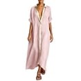 thumbnail image 2 of NTACZA Vacation Dress Maxi Cotton Lien 3/4 Sleeve Shirt Dress Collared Vacation Casual Back Button Color Blocks Beach Pink XXL, 2 of 6