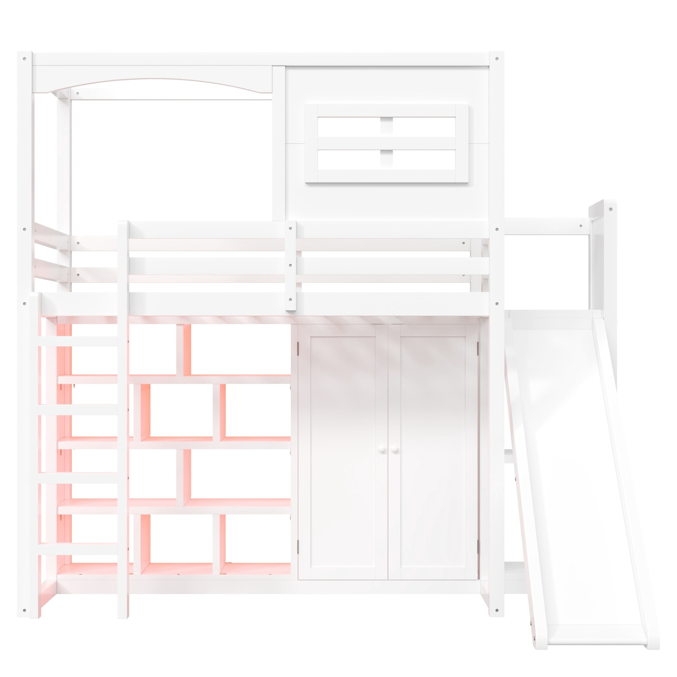 Noble House Briva Twin Wood Loft Bed with Wardrobe, Storage Shelves, Slide and LED Lighting, White