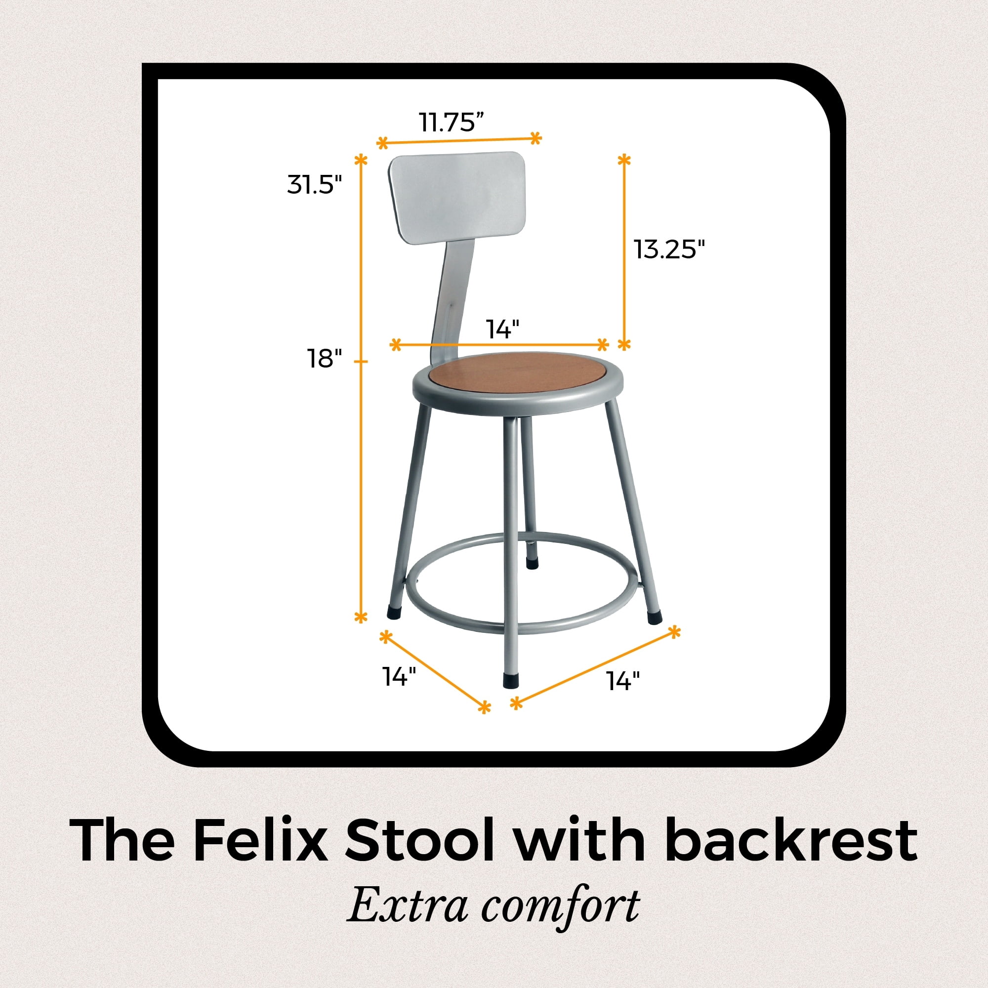 Hampden Furnishings Felix Collection 18-Inch Steel Stool with Backrest, Grey, AssemblyReady