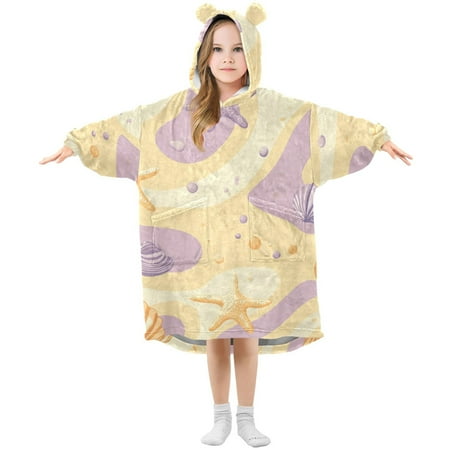Yellow Purple Starfishes Shells Dots Flannel Wearable Blankets Hooded Design Long Sleeves Wrap Unisex for 3T-14Y L Yellow Purple Starfishes Shells Dots Flannel Wearable Blankets Hooded Design Long Sleeves Wrap Unisex for 3T-14Y L