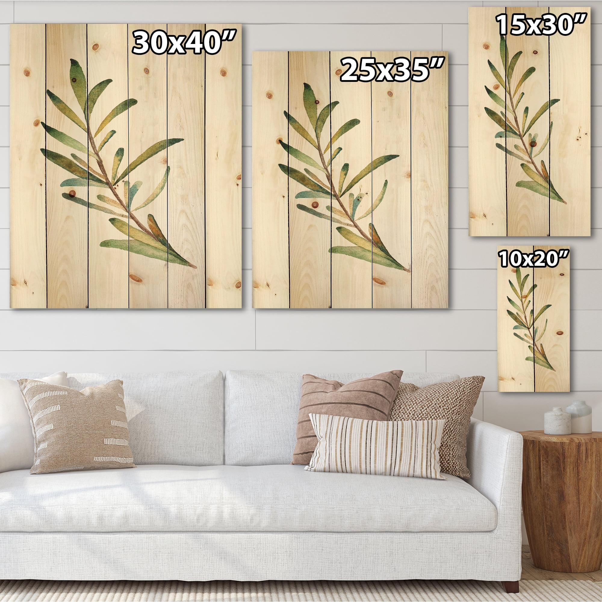Designart 'Leaf Rosemary Branch on White' Traditional Print on Natural Pine Wood