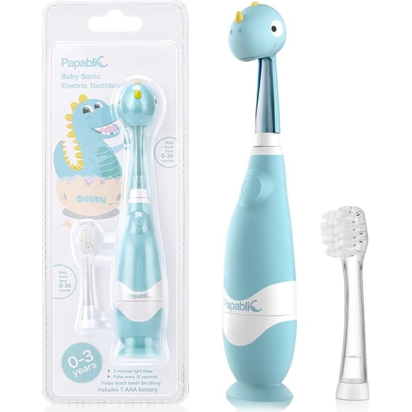 Papablic Brosse à Dents Électrique Sonique pour Bébé de 1 à 3 Ans avec Couvercle Dino Mignon et Minuterie DEL Intelligente, 2 Têtes de Brosse (Debby)