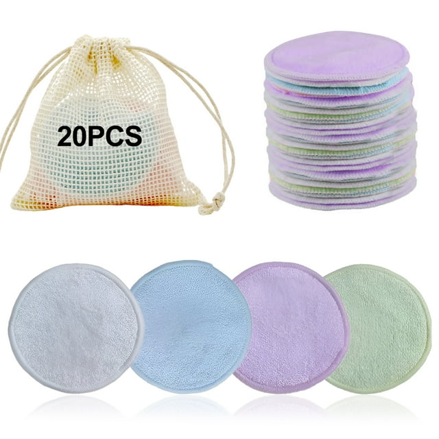 Paquete de 20 almohadillas de algodón: almohadillas de limpieza facial de bambú ecológicas y reutilizables con bolsa de malla para lavandería dedicada para desmaquillarse de día y de noche