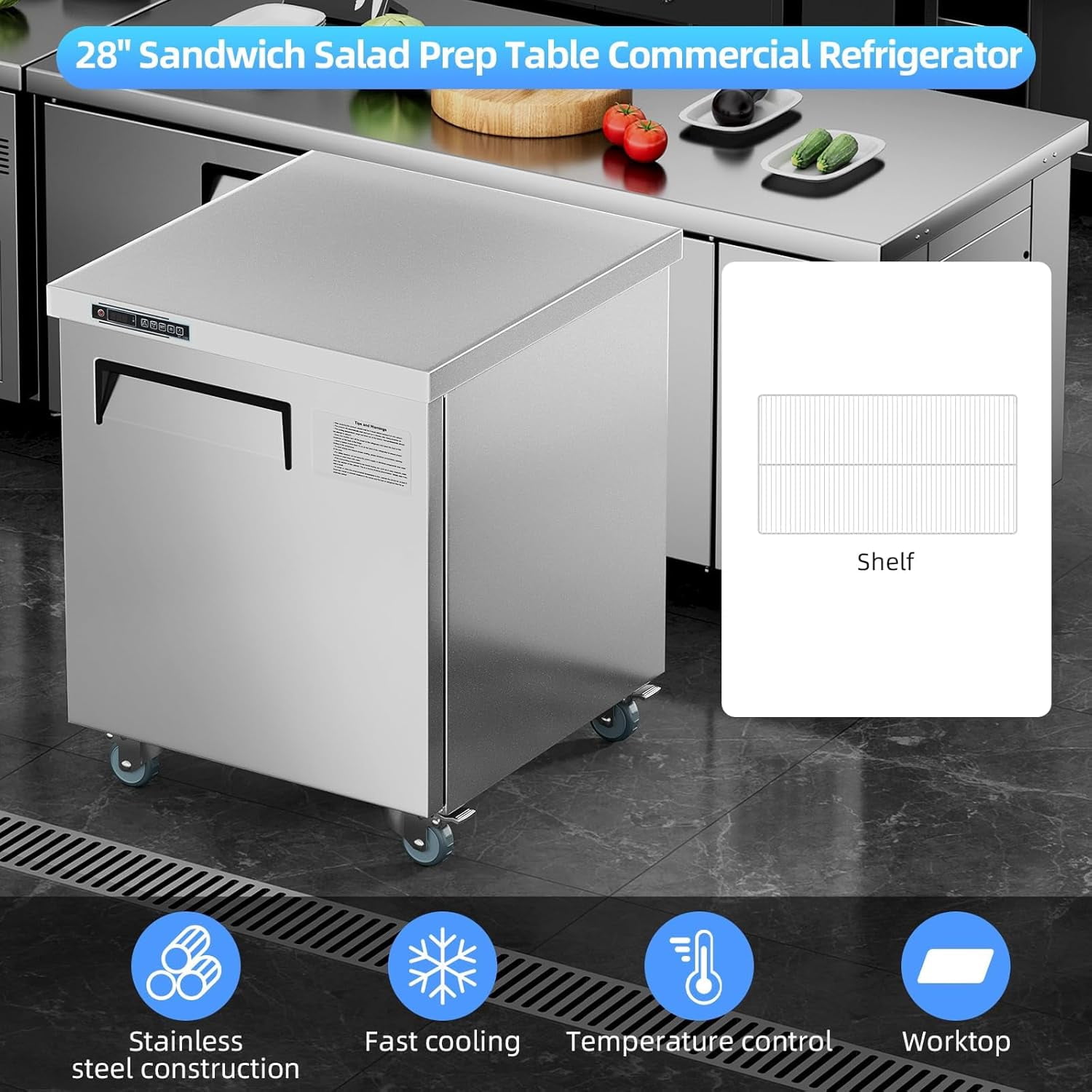 28Inch Refrigerator Sandwich/Salad Prep Table Refrigerator,7.42 cu. ft W 1 Door Commercial Stainless Steel Counter Food Prep Station Cooler Refrigerator for Restaurant Bar