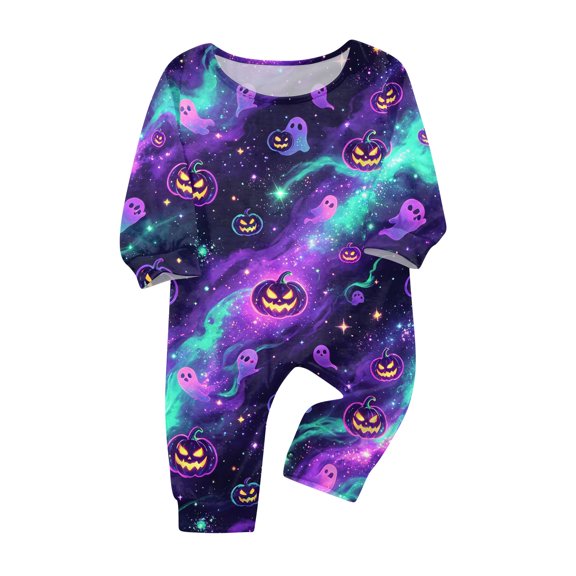 Family Matching Halloween Pajamas Set, Purple All Over Floating Ghost Print Long Sleeve Tops Pants Sleepwear Loungewear Sets Halloween Pjs for Family