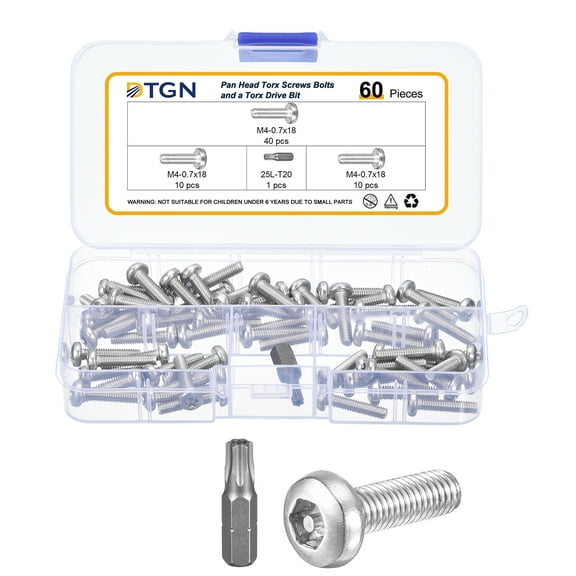 M4x18mm Pan Head Torx Security Screw - 60Pack - Stainless Steel - Silver