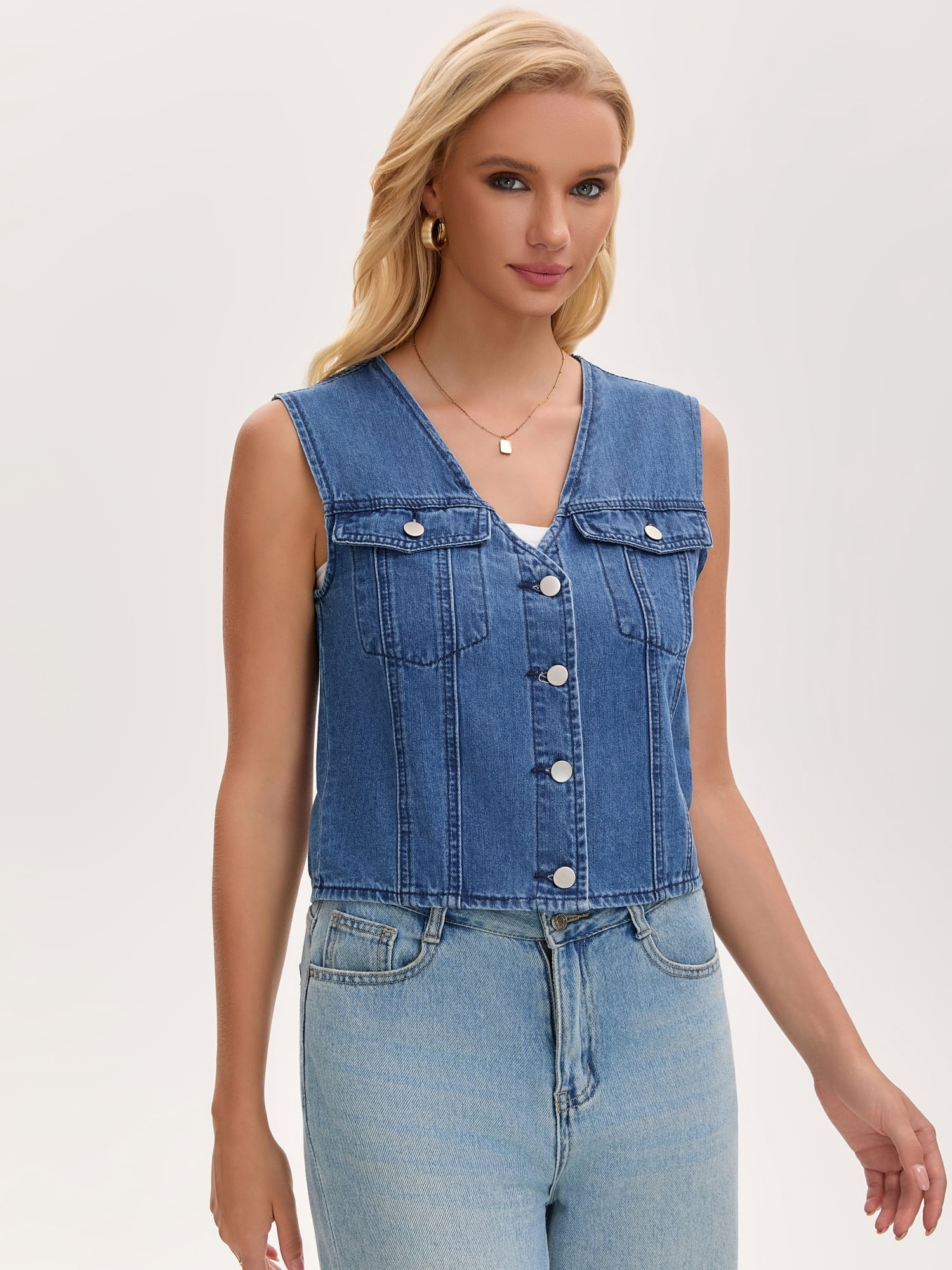 DARING DIVA Women's V Neck Button Up Sleeveless Cropped Denim Vest M Blue