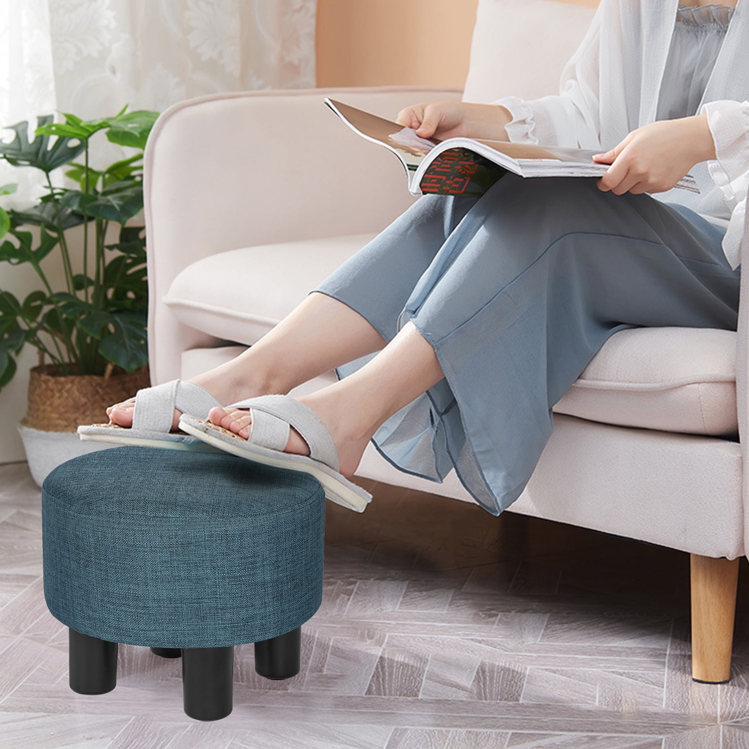 Homebeez Round Fabric Padded Ottoman Small Foot Stool Foot Rest