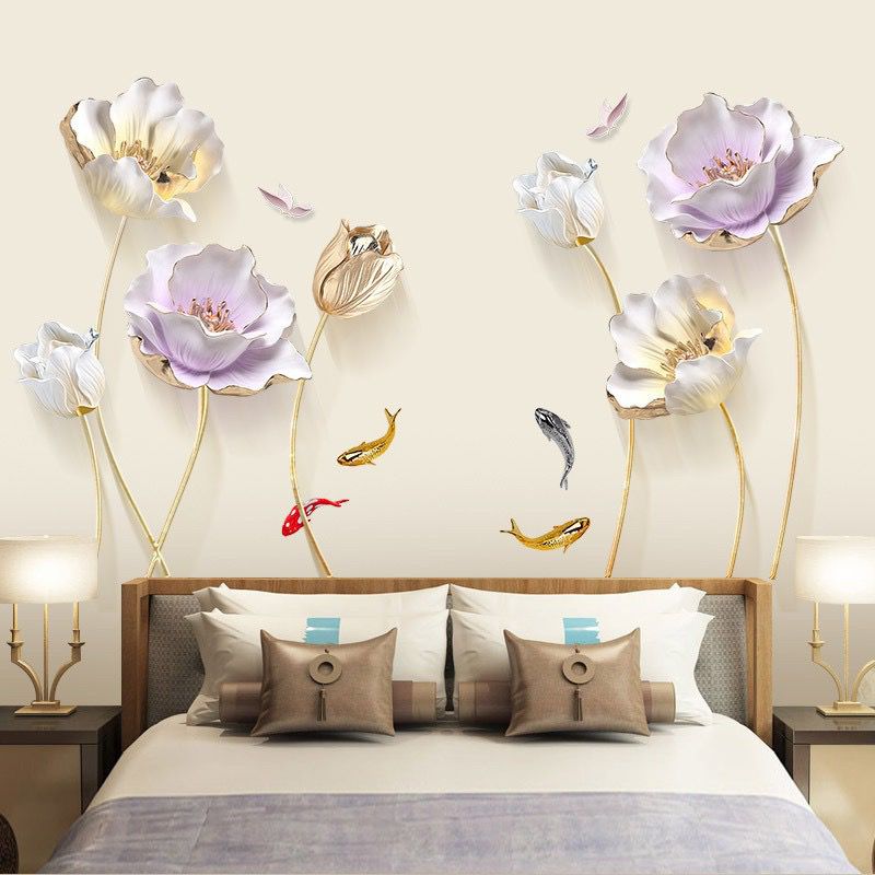 Watercolor Floral Wall Decals Large 3D Flower Wall Stickers Gold Tulip Floral Wall Art Decals for Living Room Bedroom TV Background Wall Decor