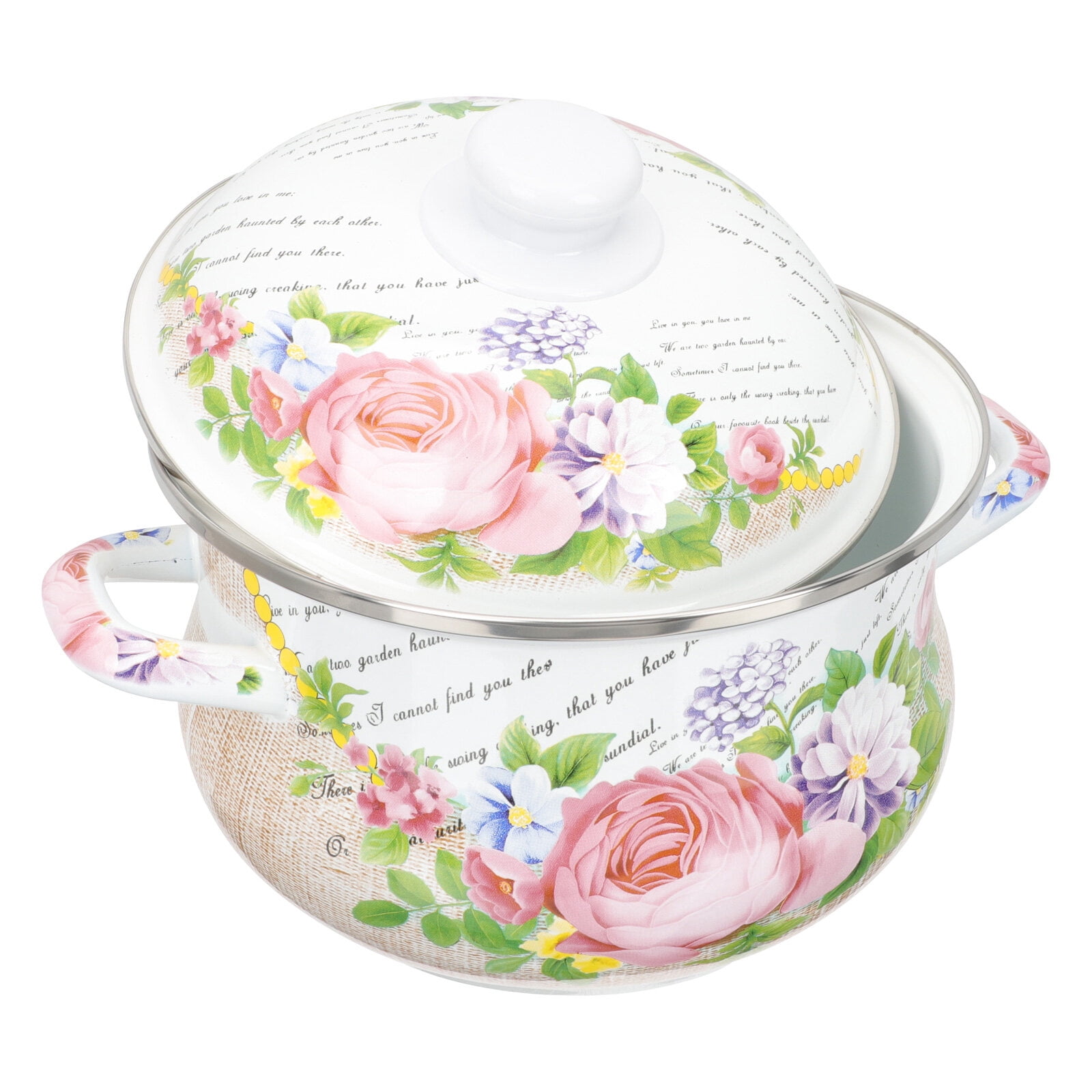 Enamel Stockpot with Lid, 1.8 Quart Retro Cooking Pot, Vintage Floral Stew Bean Simmer Pot with Handle, Kitchen Soup Pot, Safe for Induction Cookers, Gas Stove