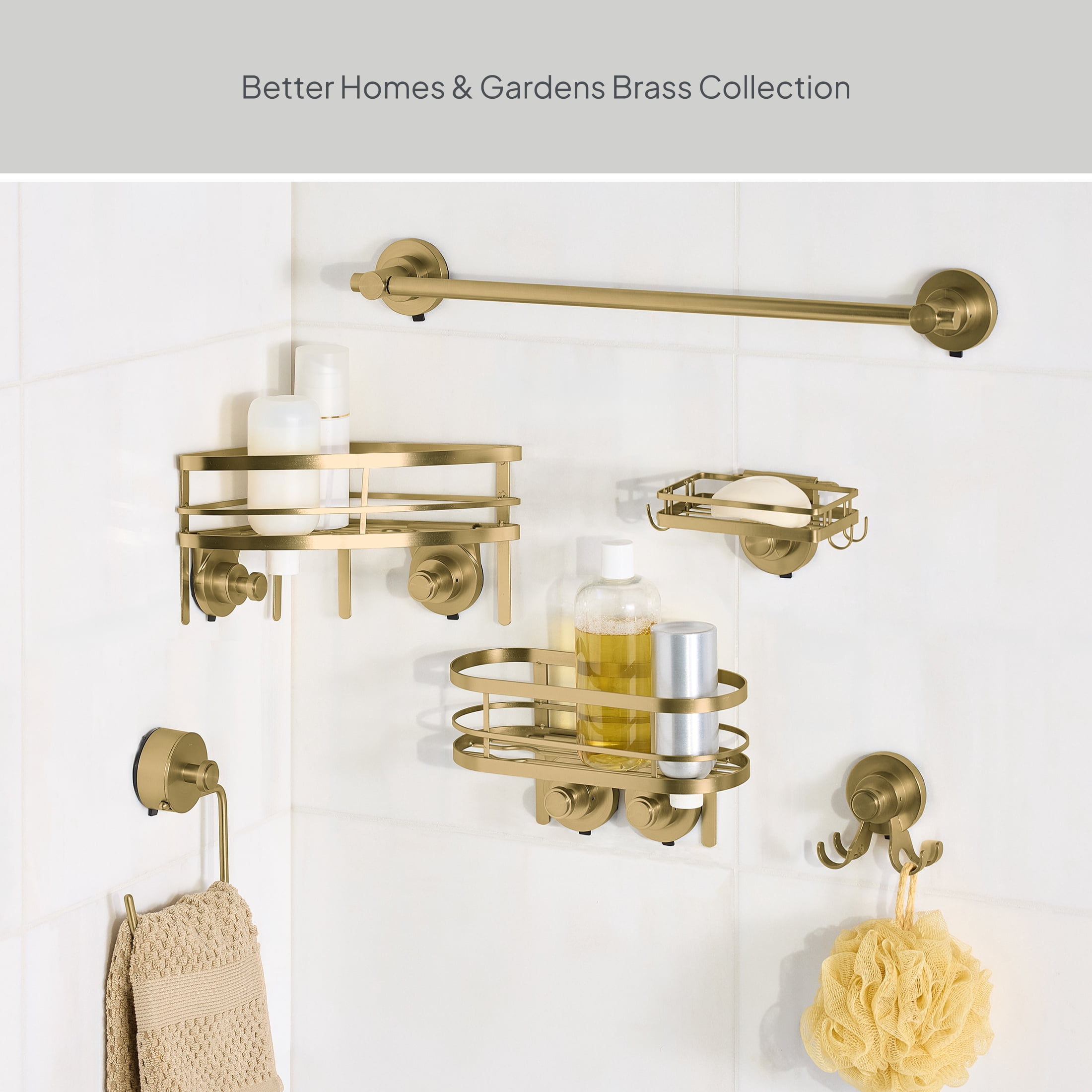 Better Homes & Gardens StyleGrip Suction Mount Shower Caddy with Hooks, Brass