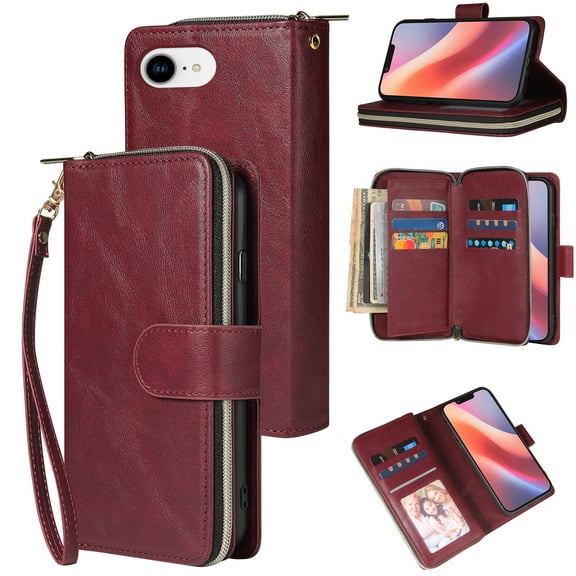 Dteck Wallet Case for iPhone 16E (2025), Shockproof Premium Magnetic Closure Zipper Pocket Folio PU Leather Flip Case Cover with 9 Card Slots Kickstand, Winered