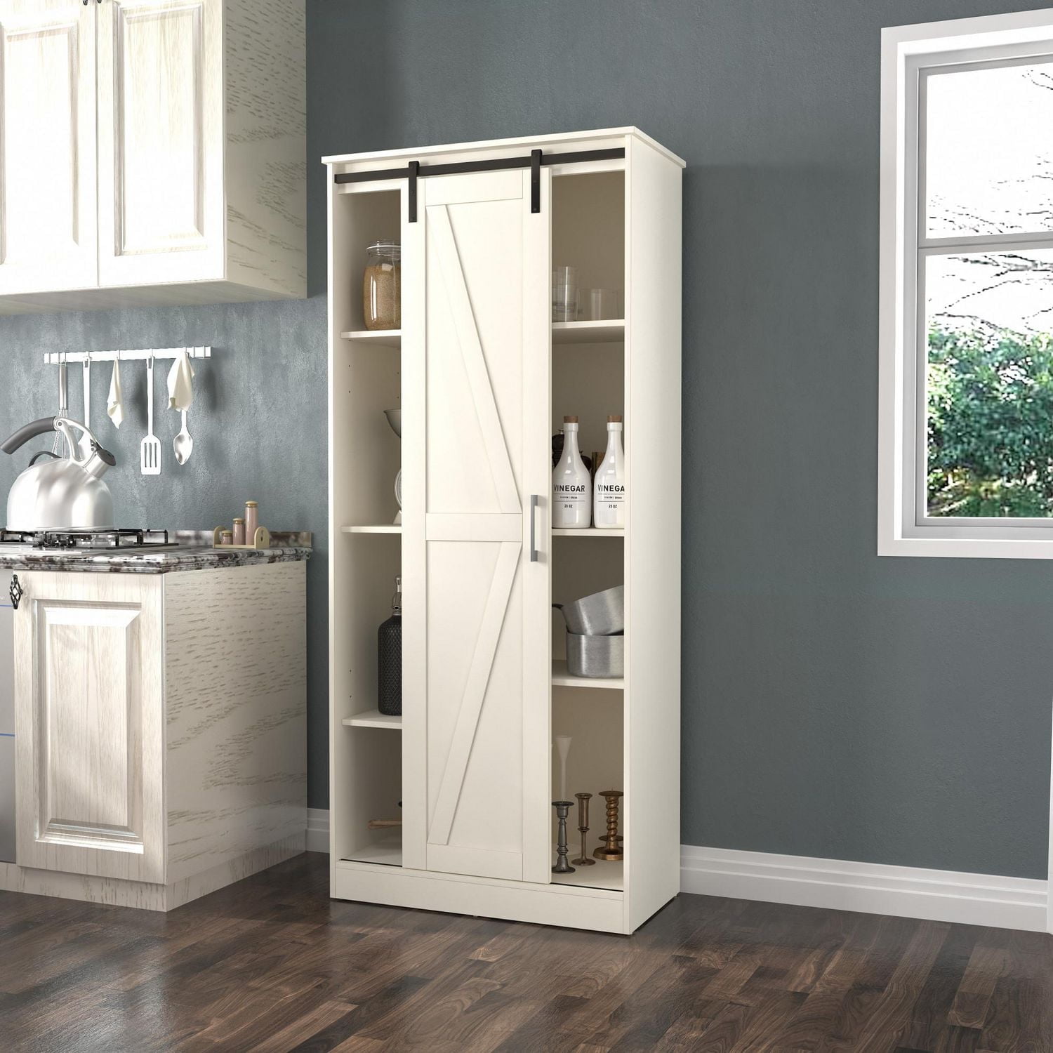 Hillsdale Shelton Wood Kitchen Pantry with 1 Sliding Barn Door