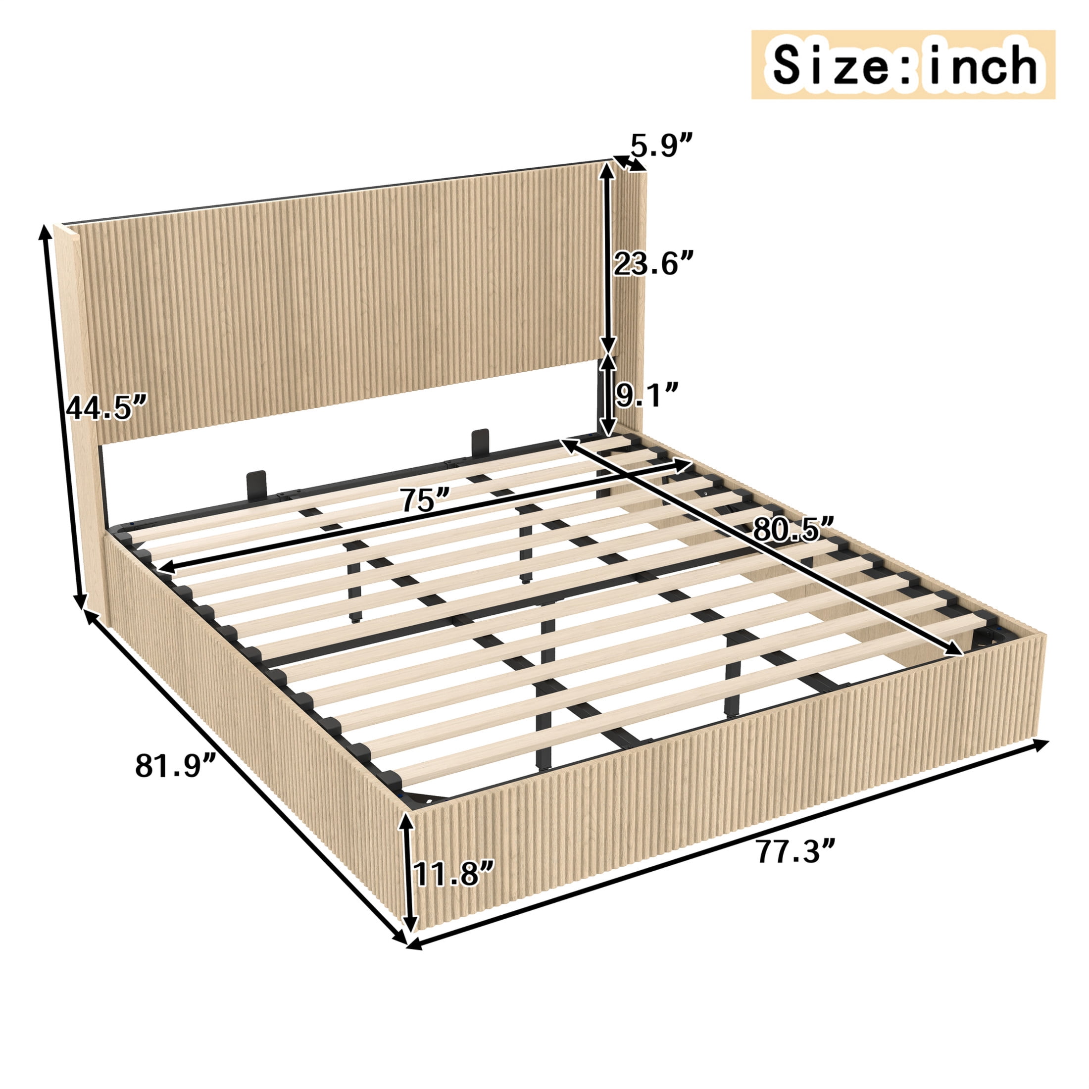 Noble House King Size Lift-Up Storage Bed Frame with Wood Headboard, Platform Bed, Oak