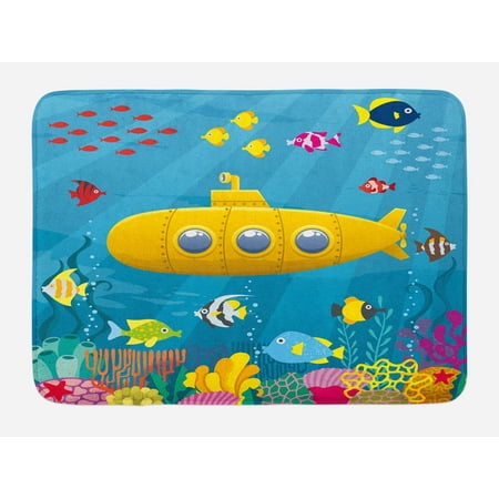 Reef Life Bath Yellow Submarine Bath Mat, Coral Reef with Colorful Fish Ocean Life Marine Creatures Tropic Kid, Non-Slip Plush Mat Bathroom Kitchen Laundry Room Decor, 29.5 X 17.5 Inches, Blue Yellow Pink, Ambesonne ()