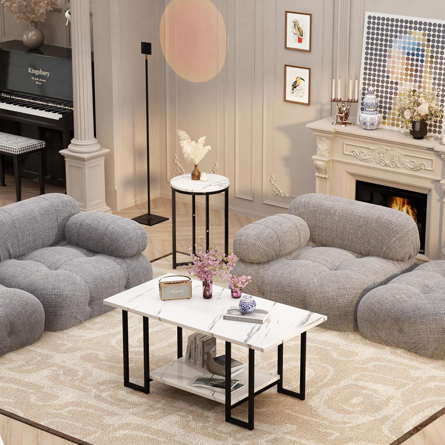 Cvortll 3-Piece Living Room Table Set, Coffee Table with 2 Round End Tables, Faux Marble Top & Metal Frame, for Apartment & Home, White