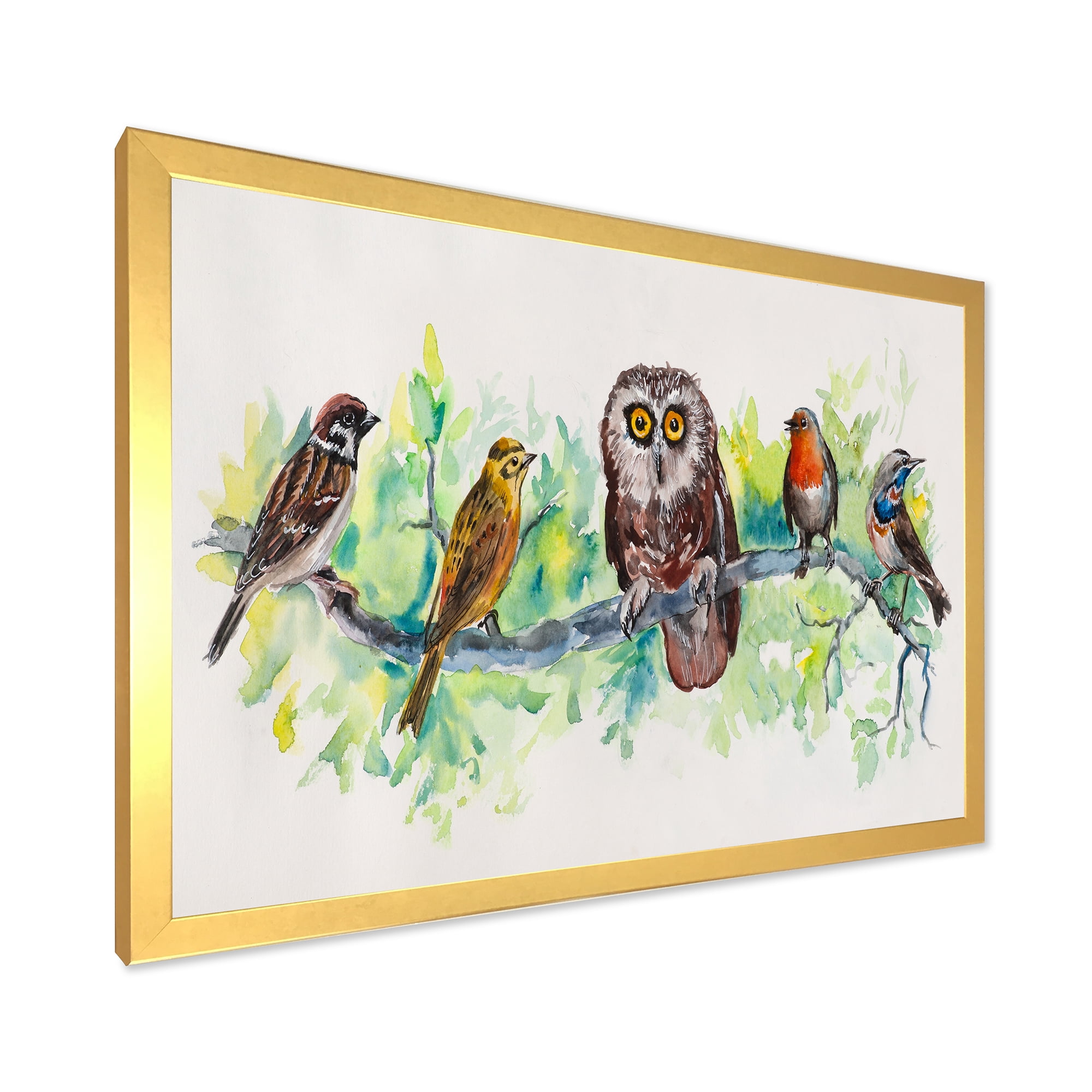 Designart 'Bird Friends With Owl On A Branch' Traditional Framed Art Print