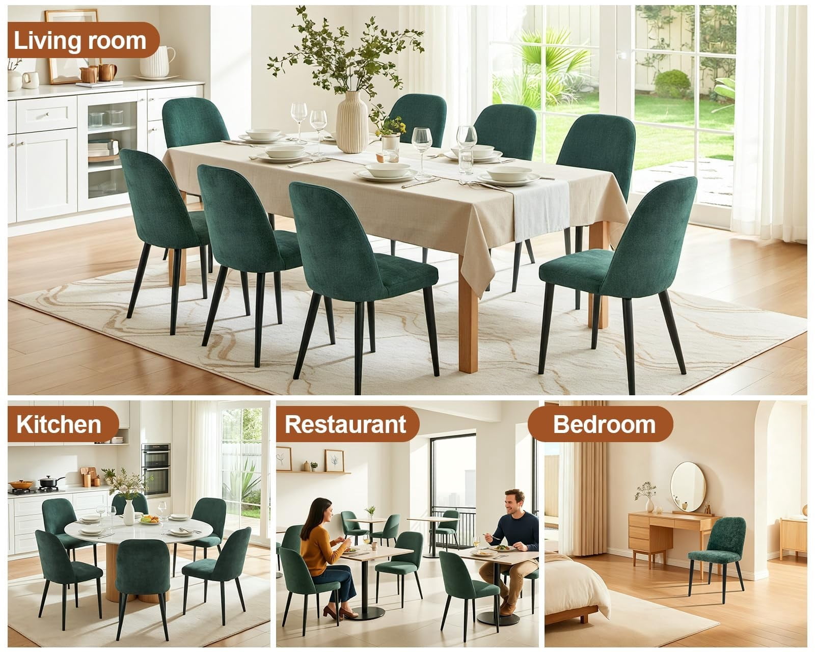 Fabric Dining Chairs Set of 4, Dark Green Upholstered Kitchen Chairs with Ergonomic Backrest and Metal Legs, Modern Armless Side Chairs for Dining Room, Restaurant, Living & Meeting Room