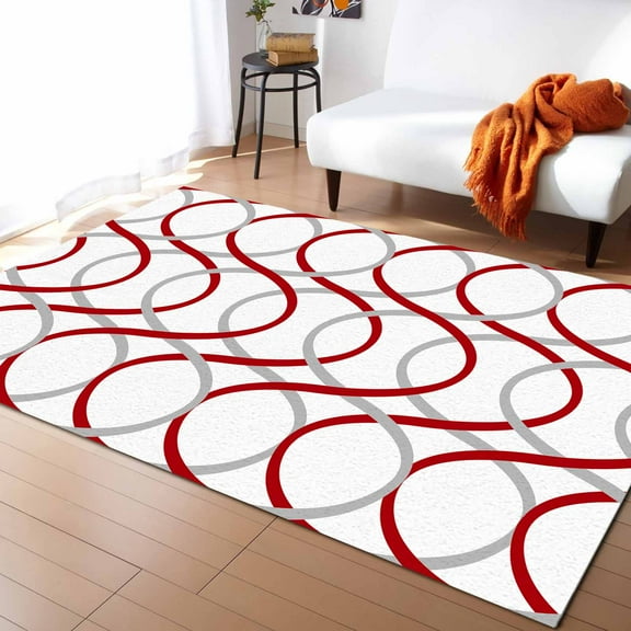 Area Rug 4'x6' Abstract Geometric Red Gray Line Washable Area Rugs Non Shedding Floor Carpet Rubber Backing Non-Slip Indoor Mats for Living Room Bedroom Kitchen