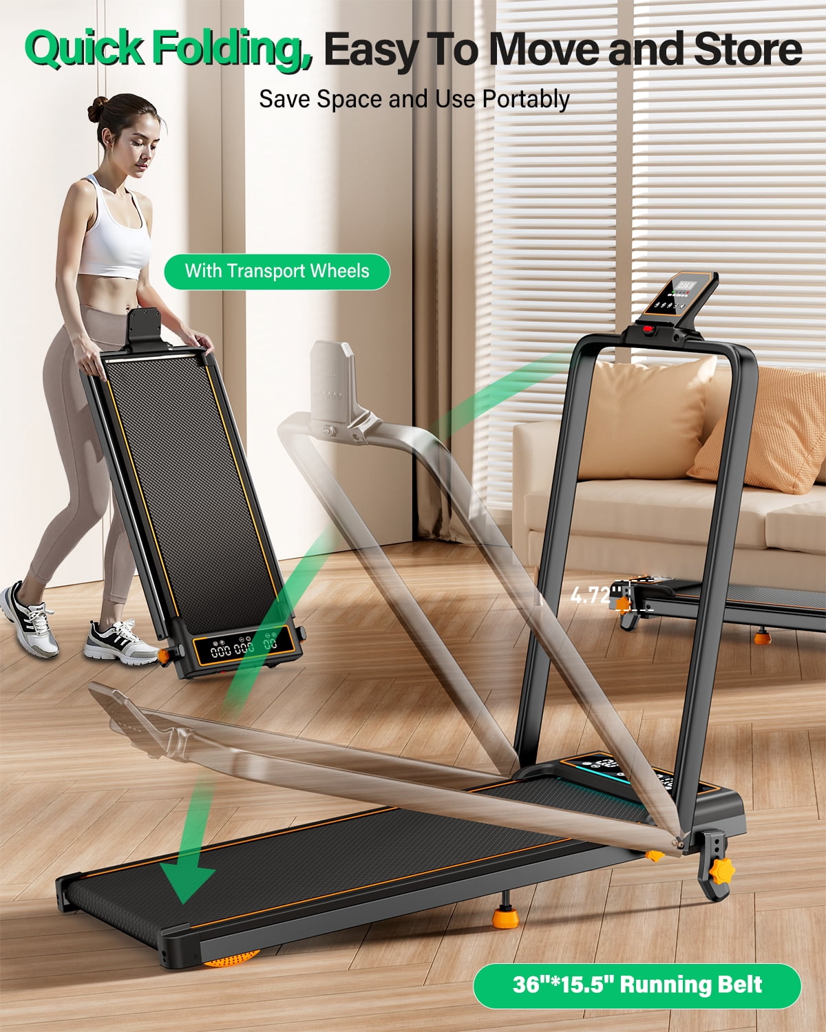 Walking Pad with 15% Incline//Handle Bar/Dual Display, 3.5HP Portable Treadmills for Home Small, Foldable Walking Pad Treadmill with Incline 4 Level, Incline Walking Pad -RGB Light, 350lb Capacity