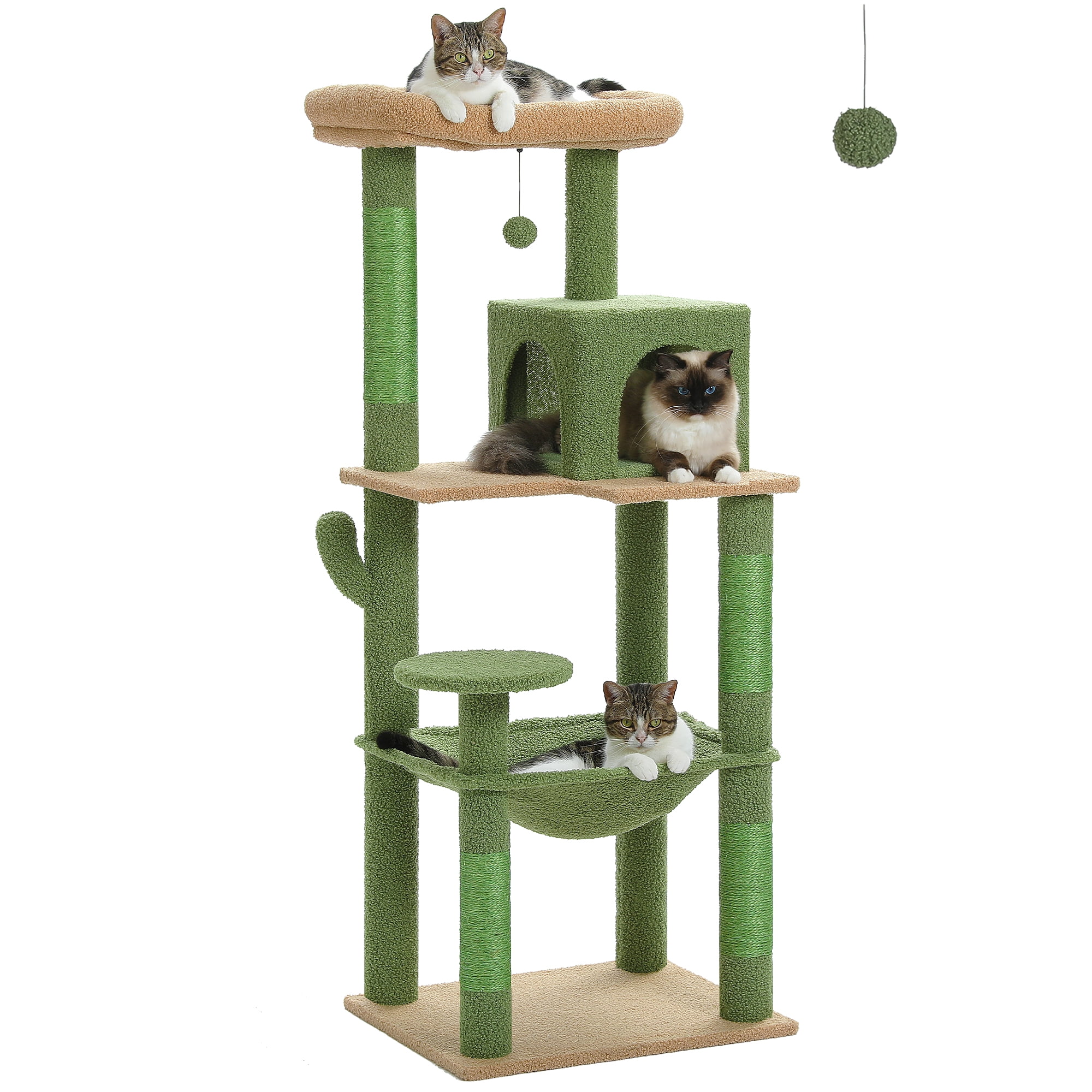 PAWZ Road Cat Tree 56" Sisal Scratching Posts Tower with Large Perch Hammock for All Indoor Cats,Green
