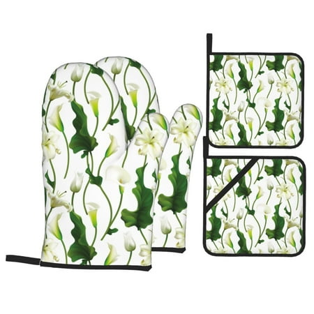 

Oven Mitts and Pot Holders 4 pcs Set Calla Lily Flowers Bloom Heat Resistant Pot Holders Oven Mitts for kitchen Non-Slip Hanging Loop Oven Glove Potholders for Baking Cooking