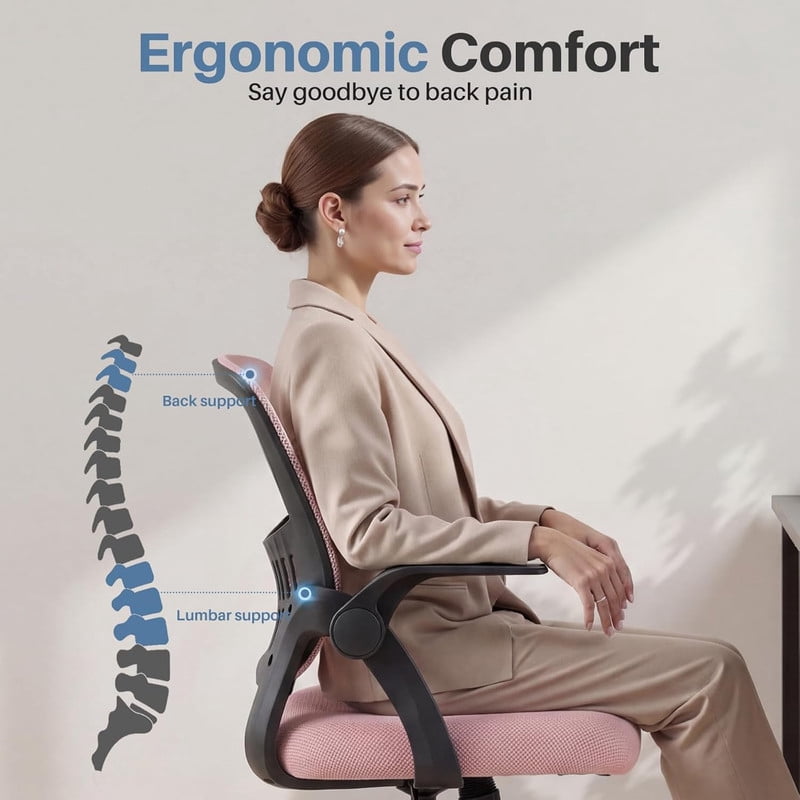 Simenmax Ergonomic Office Chair, Home Desk Computer Mesh Chair with Flip-Up Arms, Breathable Mid Back Chair for Small Spaces, Pink