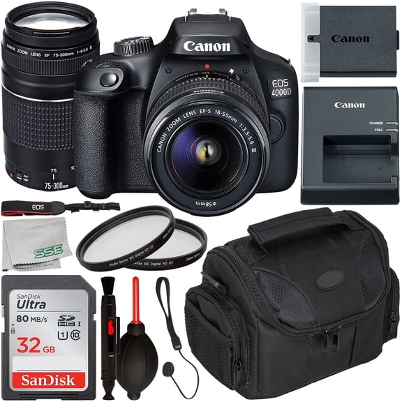 Canon EOS 4000D (Intl Model) DSLR Camera with 18-55mm III & 75-300mm III Lens & Starter Accessory Bundle – Includes: SanDisk Ultra 32GB SDHC Memory Card   Camera Carrying Case   MORE