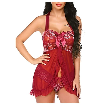

Betiyuaoe Pajama Lingerie Set for Women See-Through Lace Embroidered Underwear Nightdress Set