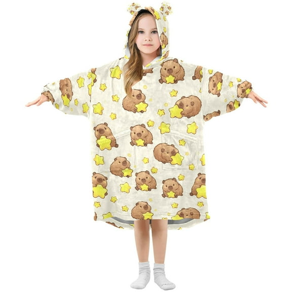 Wearable Blanket Hoodie for Capybara Star Flannel Hooded Blanket with Pockets and Sleeves Suitable