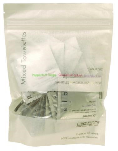 GIOVANNI Mixed Scents Sanitizing Towelettes - 20 Individually Wrapped Towelettes Grapefruit, Lavender, Peppermint Disposable Moist Towelettes (Pack of 1)