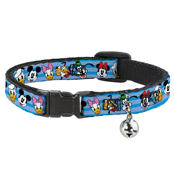 Disney Breakaway Cat Collar With Bell, Plastic Clip, Easy Adjustable, Disney The Sensational Six Smiling Faces Stripe Blues, 8.5 to 12 Inches 0.5 Inch Wide