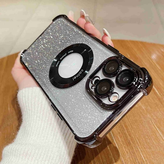 Dteck for Apple iPhone 15 Plus Glitter Phone Case, Shockproof Magnetic Plating 2 in 1 Gradient Bling Paper Clear Back Soft Rubber Slim Lightweight for Women Girls Shiny Bumper Cover, black