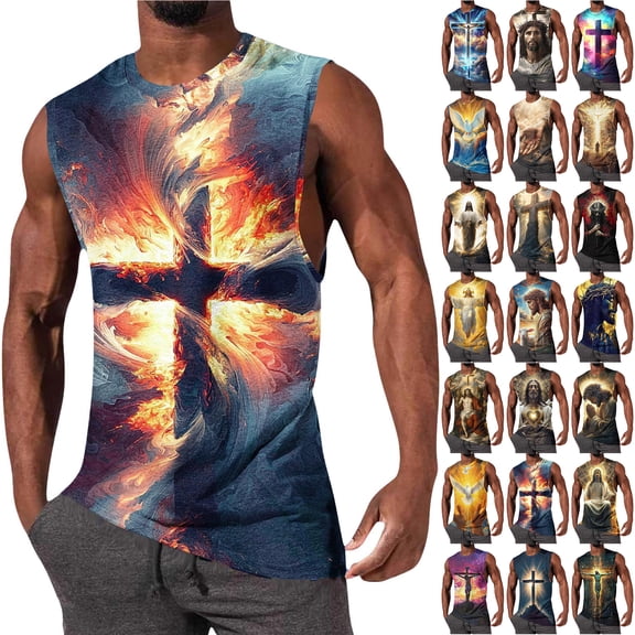 LODIENY Cool Tank Tops for Men Workout Muscle Novelty Funny 3D Cross Pattern Printed Loose Fit Summer Casual Mens Sleeveless Athletic Workout Tee Shirts Gray M