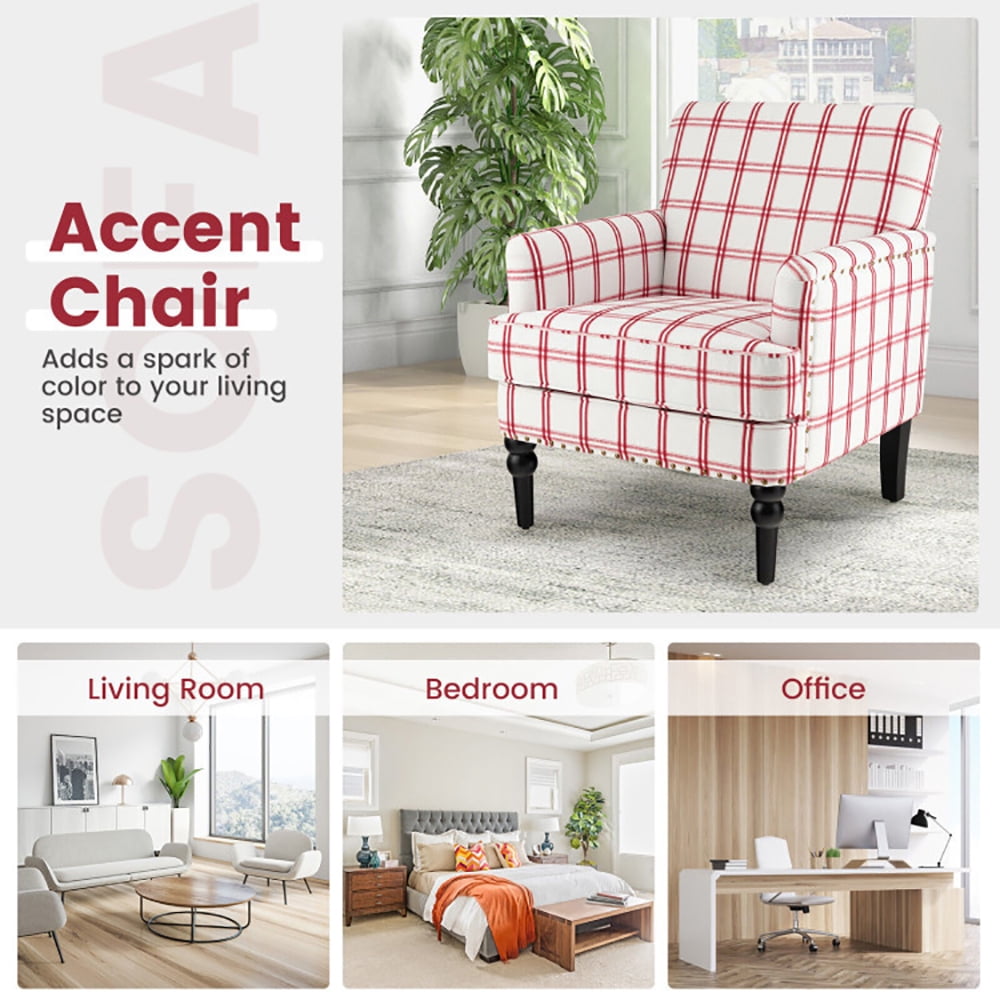 Finihen Upholstered Accent Armchair, Modern Upholstered Padded Accent Chair with Rubber Wood Legs, for Living Room, Bedroom, Red