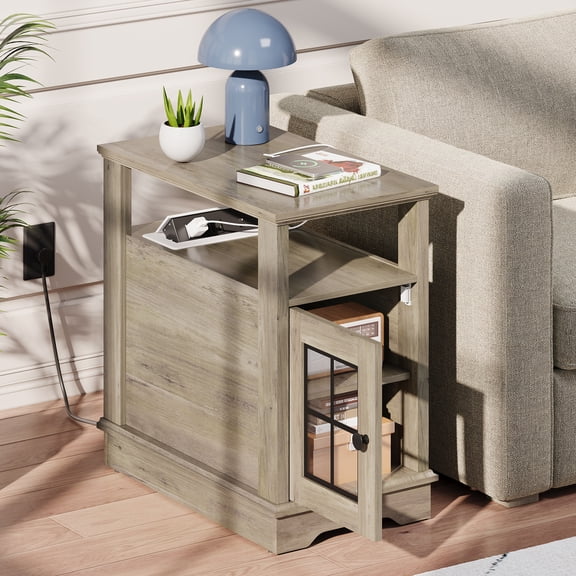 GALAXHERO Farmhouse End Table with Charging Station Narrow Side Table for Living Room Night Stand with Storage, Nightstand with USB Ports and Outlets for Bedroom Greige