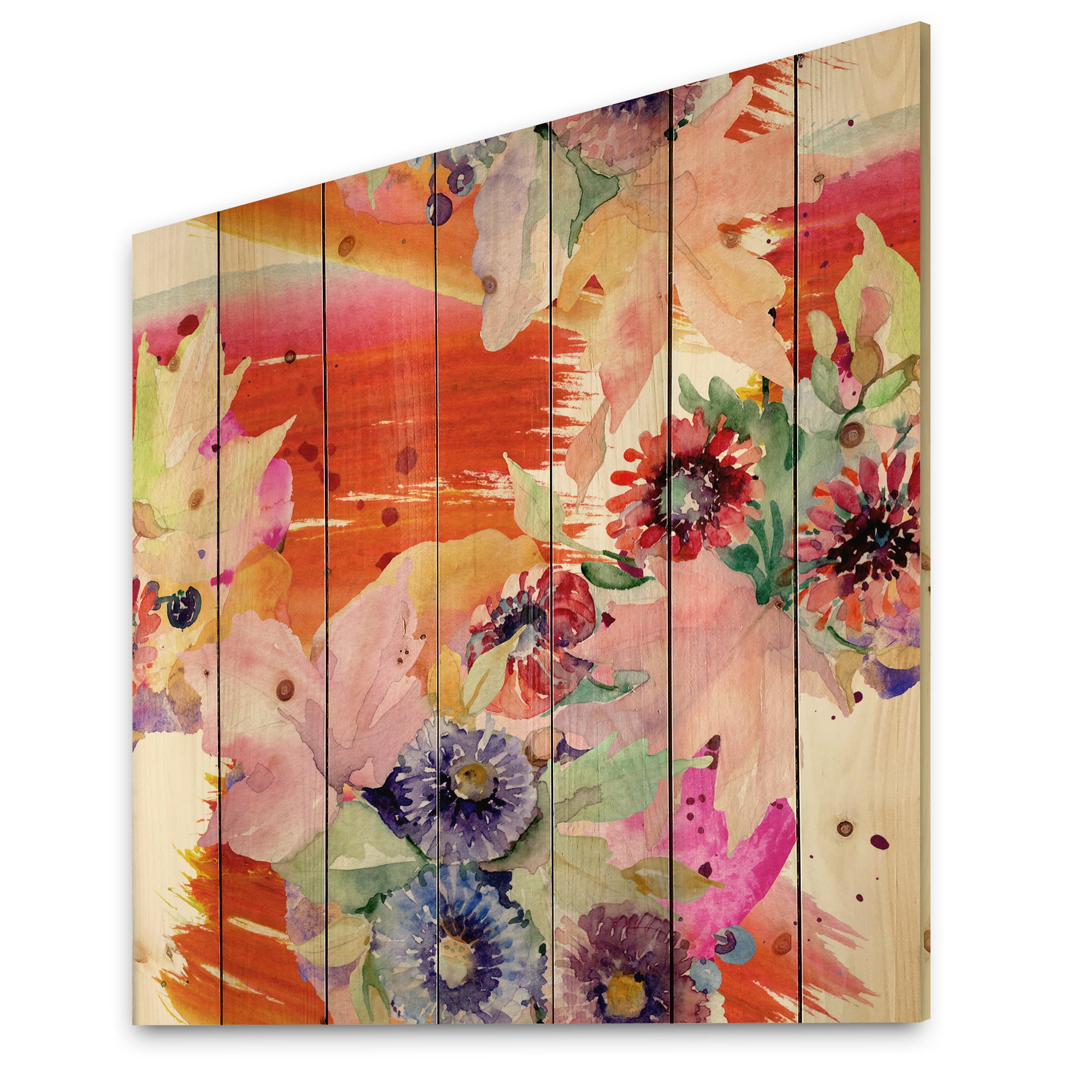 Designart 'Wildflowers and Vibrant Wild Spring Leaves VII' Modern Print on Natural Pine Wood
