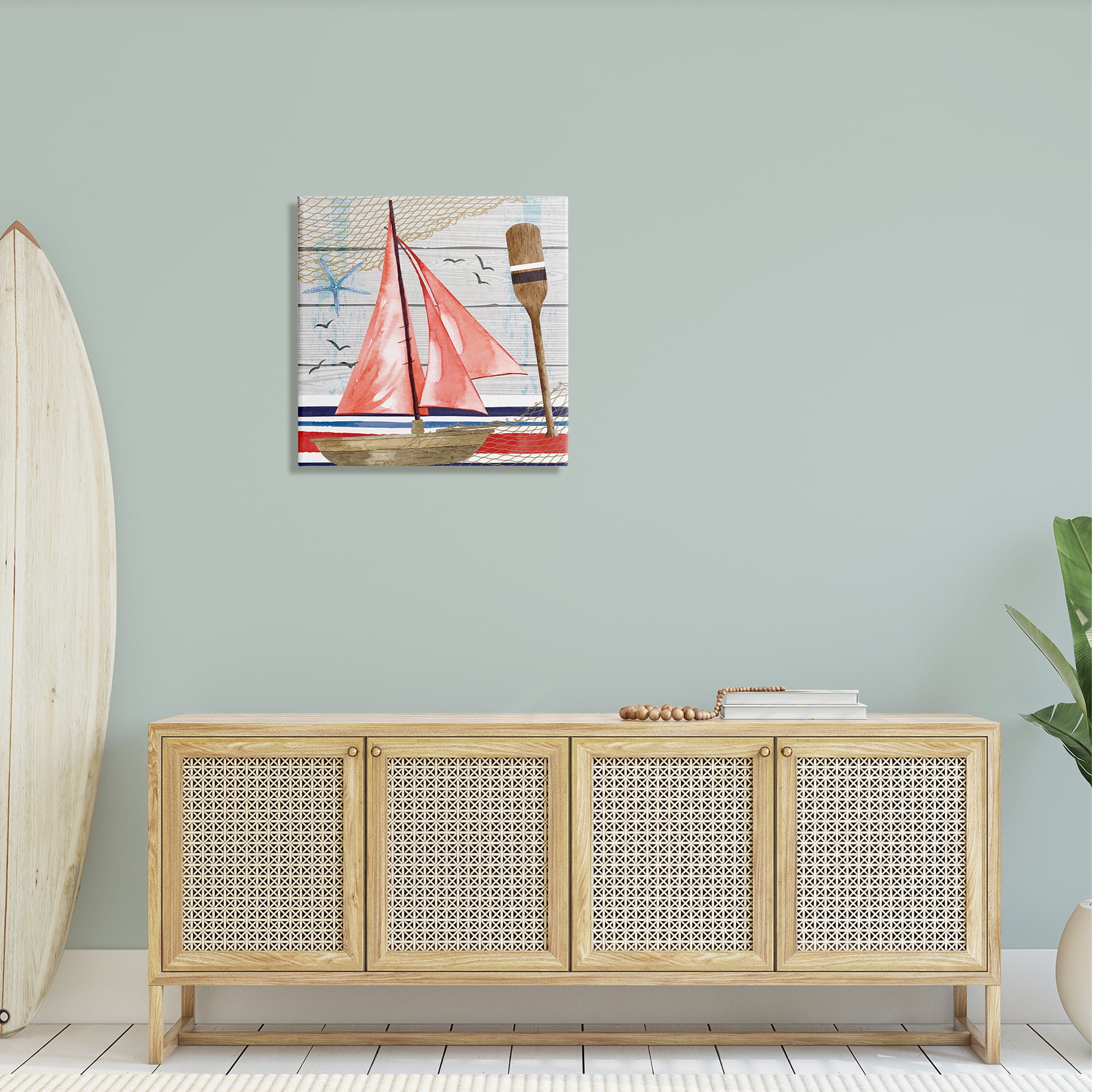 Stupell Coastal Plank Pattern Sailboat Landscape Painting Gallery Wrapped Canvas Print Wall Art