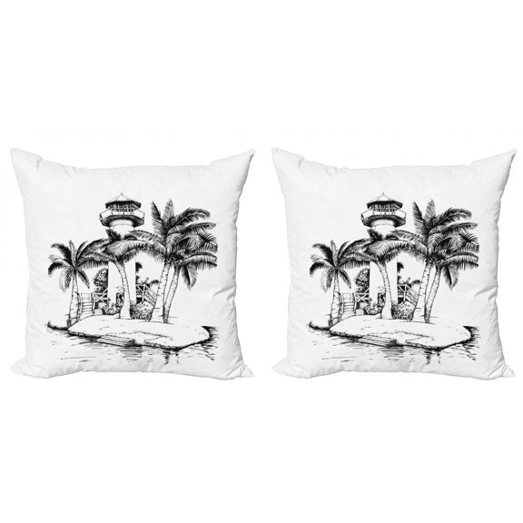 Ambesonne Tropical Throw Pillow Cover 2 Pack, Lighthouse Island Tree, 16", Black White