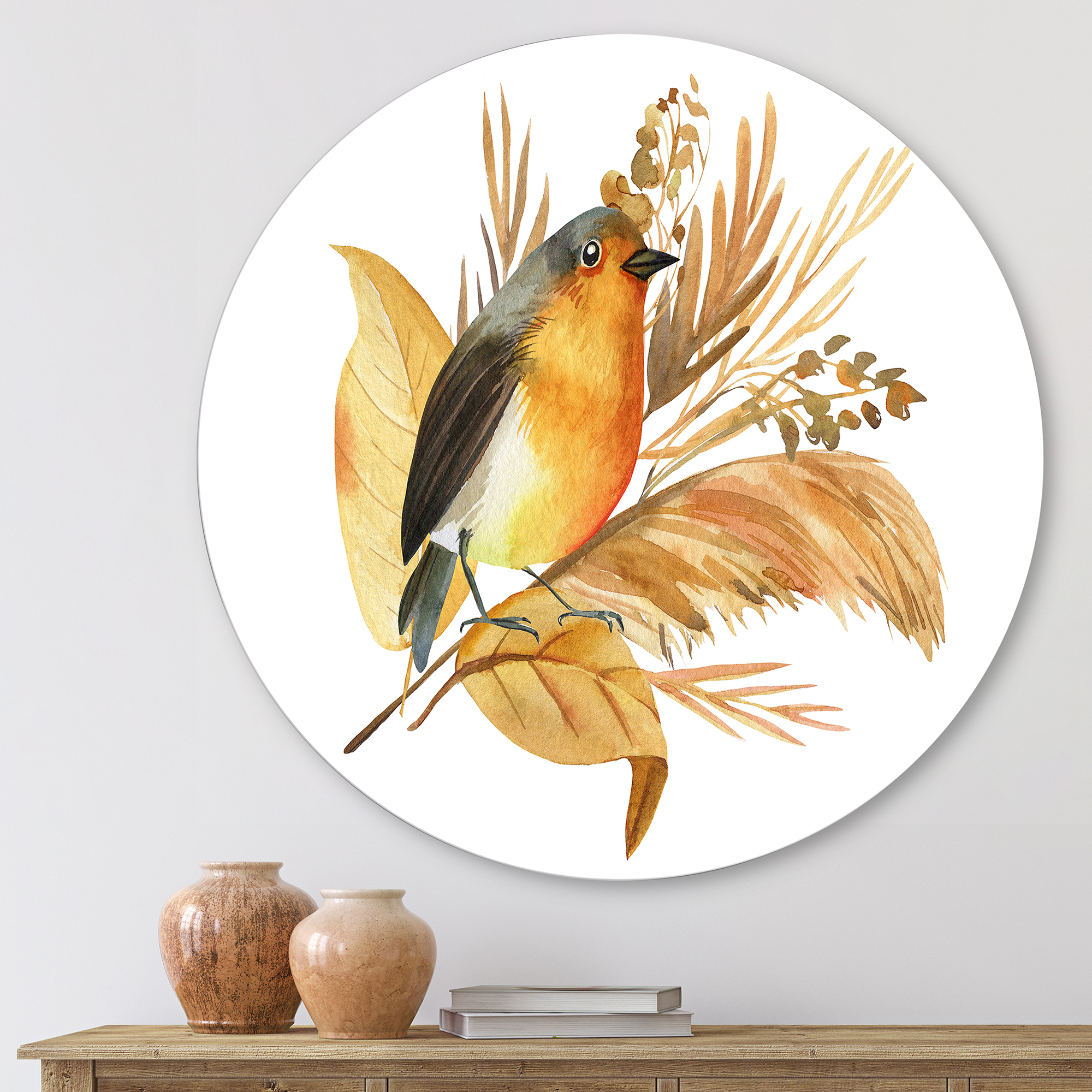 Designart 'Autumn Flowers and Robin Bird' Traditional Circle Metal Wall Art 23x23 - Disc of 23
